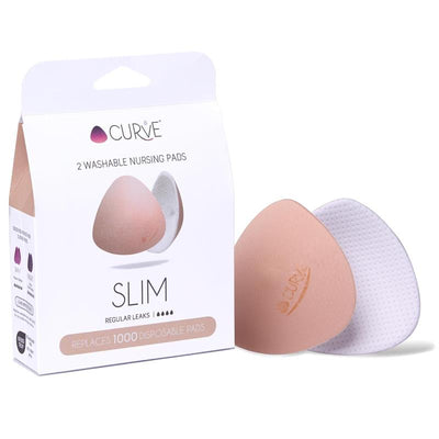 Washable nursing pads in a slim design, featuring a pink and white color scheme, packaged for regular leaks.