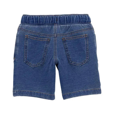 Baby boy chambray French terry shorts in denim, featuring a stretchy waistband and two back pockets.