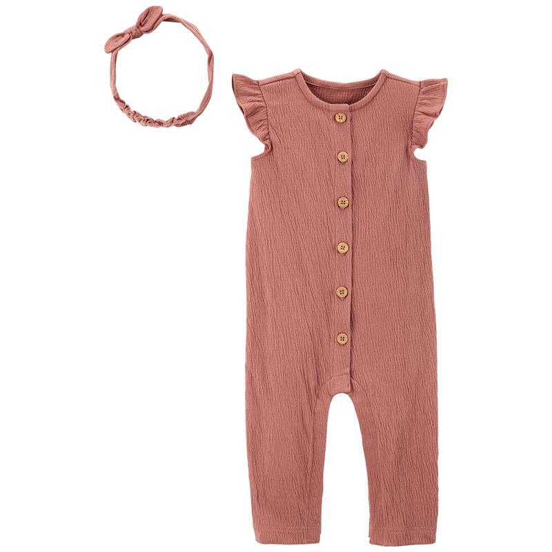 Carters - Baby Girl 2Pk Crinkle Jersey Jumpsuit & Headwrap Set, Pink Image 1