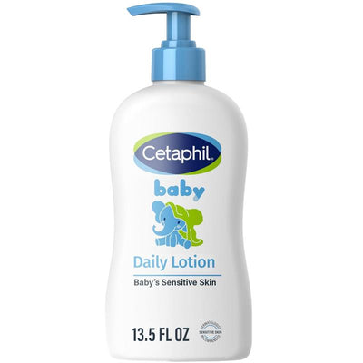 Cetaphil Baby Daily Lotion 13.5 oz bottle, featuring a blue pump and an illustration of an elephant, labeled for sensitive skin.