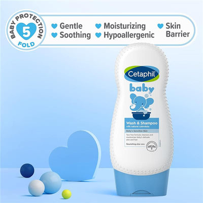Cetaphil Baby Wash & Shampoo 7.8 Oz bottle features a playful design with an elephant, highlighting gentle, moisturizing, and hypoallergenic qualities.
