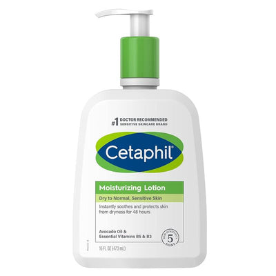 Cetaphil Moisturizing Lotion, 16 oz, for dry to normal sensitive skin, protects from dryness for 48 hours, with avocado oil and vitamins B5 & B3.