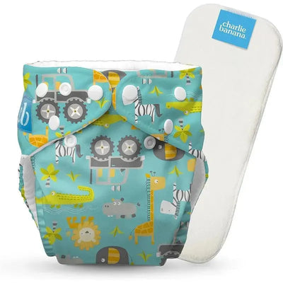 Reusable cloth diaper in turquoise with animal prints, featuring snaps for size adjustment and a removable insert.