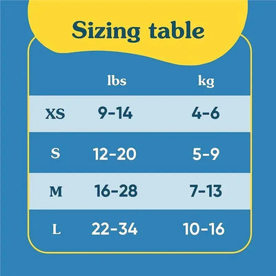 Sizing table for Charlie Banana reusable swim diaper, showing sizes XS to L with weight ranges in pounds and kilograms.