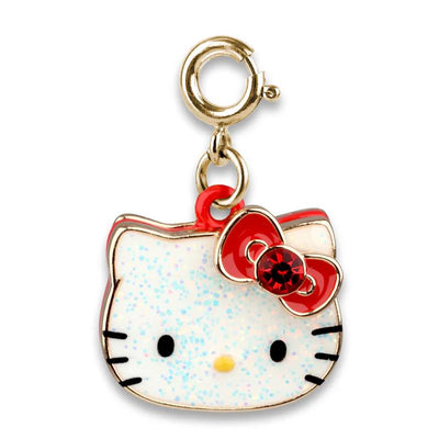 Gold Classic Glitter Hello Kitty charm with a red bow and sparkles, designed for accessorizing.