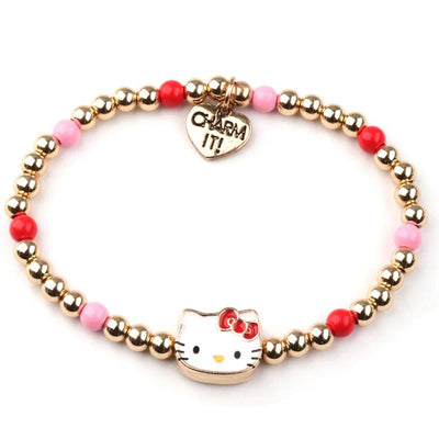 Gold stretch bead bracelet featuring a Hello Kitty charm and colorful beads in pink and red.