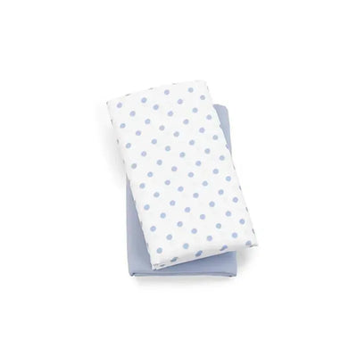 Chicco 2 Pack Lullaby Playard Sheets featuring one blue dot pattern and one solid light blue sheet.
