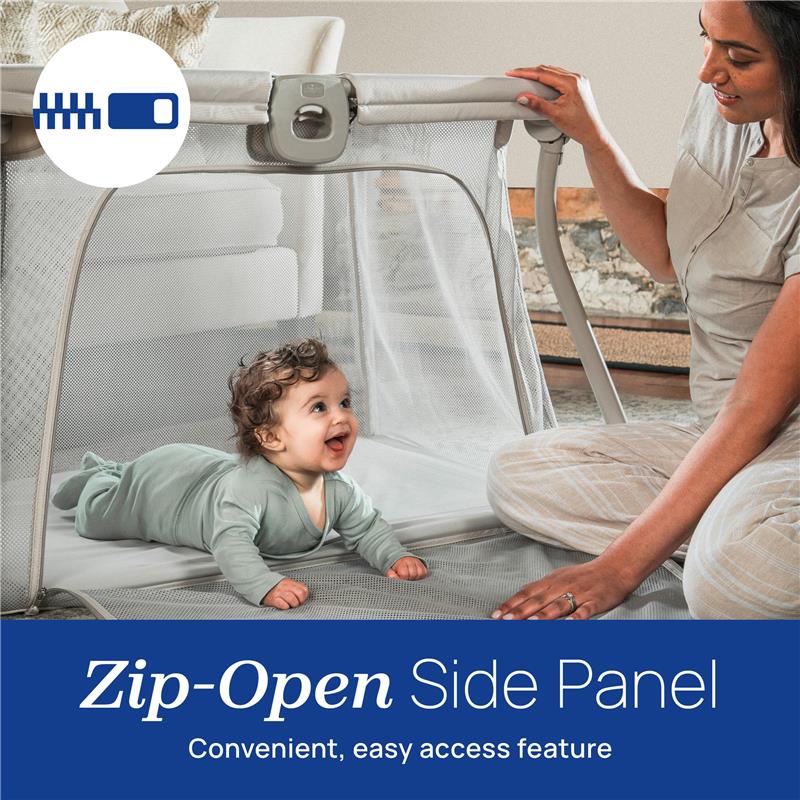 Chicco Alfa Lite Playard features a zip-open side panel for easy access, with a smiling baby and parent nearby.