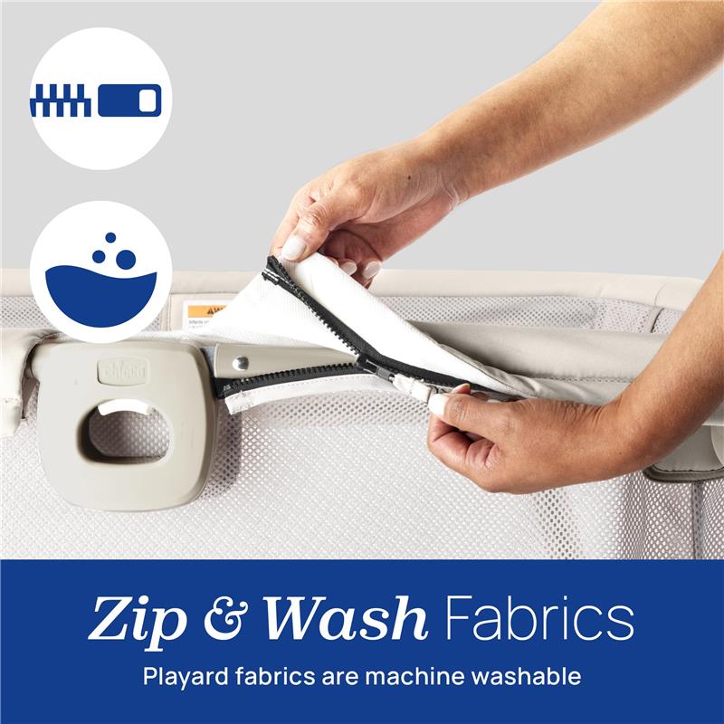 Chicco Alfa Lite playard with zipper features is shown; hands demonstrate the removable, washable fabric.