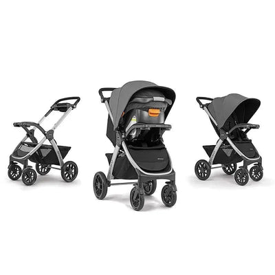Chicco Bravo Trio Travel System in Camden color, featuring a stroller and infant car seat, showcases a sleek, modern design with a compact fold.