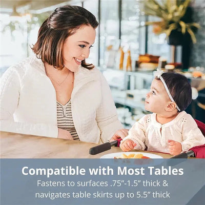 Chicco Caddy Hook-On Chair featured; a mother interacts with her baby at a table, highlighting compatibility with various surfaces.