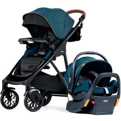 Chicco Corso Primo ClearTex Modular Travel System in Stellar color, featuring a stroller with a canopy and an infant car seat.