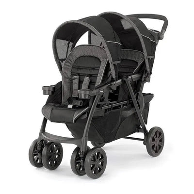 Chicco Cortina Together Double Stroller in Minerale color, featuring two seats with canopies and a foldable design.