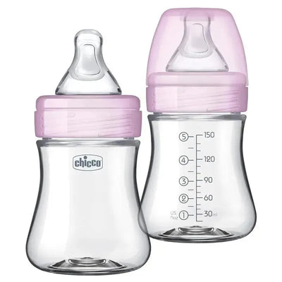 Chicco 2Pk Duo 5Oz Hybrid Baby Bottles in pink, featuring measurement markings and soft silicone nipples.