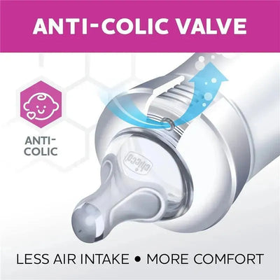 Chicco anti-colic baby bottle featuring an anti-colic valve for less air intake and more comfort.