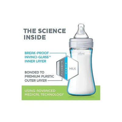 Chicco Duo Deluxe Hybrid Baby Bottle features a break-proof inner glass layer bonded to a plastic outer layer, labeled with key product details.