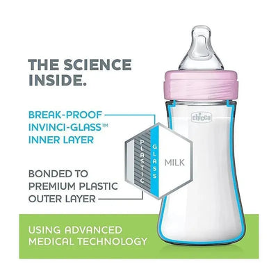 Chicco Duo Newborn Baby Bottle in pink, highlighting its break-proof Invenci-Glass inner layer and premium plastic outer layer.