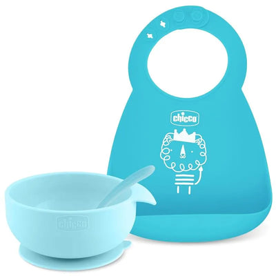 Chicco Easy Start Silicone Feeding Gift Set in teal, includes a bowl with a spoon and a bib featuring a playful lion design.