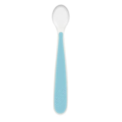 Teal silicone feeding spoon from the Chicco Easy Start set, designed for babies 6 months and older.