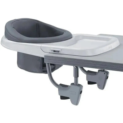 Chicco Fastlock 360 Hook-On Chair in charcoal, featuring a padded seat and easy clip-on mechanism for tables.