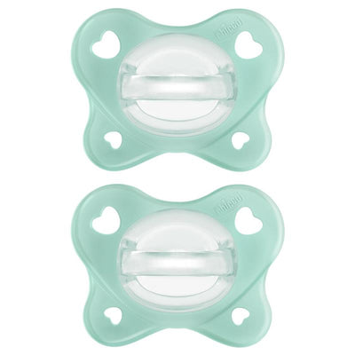 Chicco Physioforma Dual Soft Pacifier in seafoam color, designed for infants aged 0-2 months, featuring a soft silicone nipple.