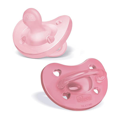 Pink silicone pacifiers from Chicco, orthodontic design with heart-shaped vents, suitable for infants aged 6-16 months, 2-pack.