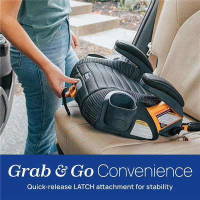 Backless booster car seat by Chicco, positioned on a car seat, showcasing quick-release LATCH for easy installation.