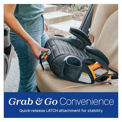 Backless booster car seat with cup holder held by a person, positioned on a vehicle seat; text promotes quick-release LATCH.