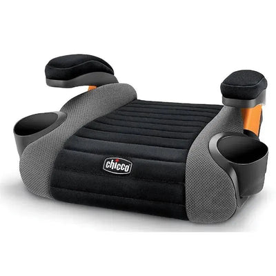 Backless booster car seat by Chicco in shark design, featuring a black and gray padded seat and cup holders.