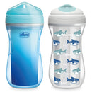 Chicco Insulated Rim Spout Trainer Sippy Cup 9 oz, featuring a blue gradient design and shark illustrations, suitable for 12M+.