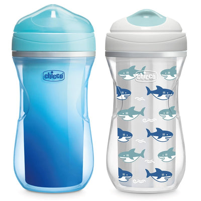 Chicco Insulated Rim Spout Trainer Sippy Cup 9 oz, featuring a blue gradient design and shark illustrations, suitable for 12M+.