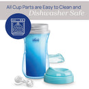 Chicco Insulated Rim Spout Trainer Sippy Cup in blue with shark design, featuring easy-clean parts and dishwasher-safe label.