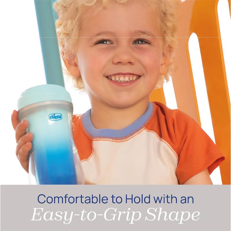 Chicco Insulated Rim Spout Trainer Sippy Cup in blue, held by a smiling child, emphasizing its easy-to-grip shape.