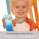 Chicco Insulated Rim Spout Trainer Sippy Cup in blue, held by a smiling child, emphasizing its easy-to-grip shape.
