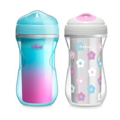 Chicco Insulated Rim Spout Trainer Sippy Cup 9Oz 12M+, 2PK, Teal/Pink/Floral  Image 1