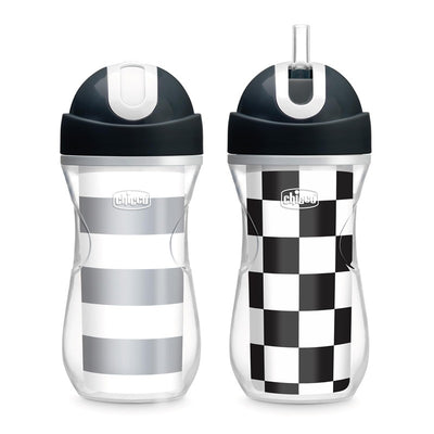 Chicco Insulated Straw Sippy Cup 12+ Months, 9oz Toddler Training Cup with Spill-Free Flip-Top Lid, BPA-Free 2-Pack, Black/White/Silver