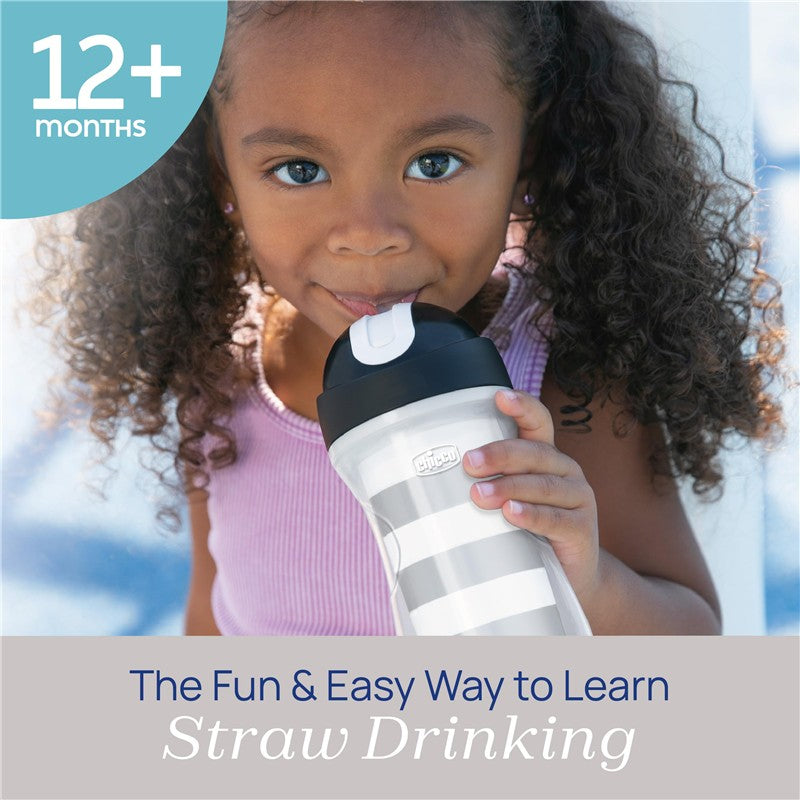 Chicco Insulated Straw Sippy Cup 12+ Months, 9oz Toddler Training Cup with Spill-Free Flip-Top Lid, BPA-Free 2-Pack, Black/White/Silver