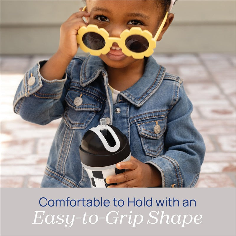 Chicco Insulated Straw Sippy Cup 12+ Months, 9oz Toddler Training Cup with Spill-Free Flip-Top Lid, BPA-Free 2-Pack, Black/White/Silver