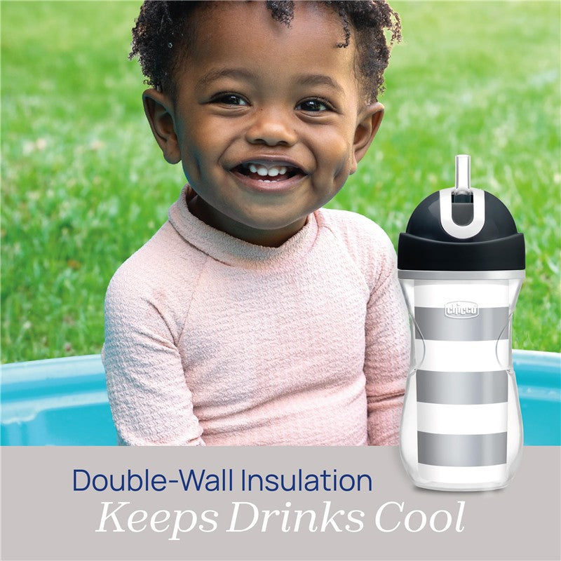 Chicco Insulated Straw Sippy Cup 12+ Months, 9oz Toddler Training Cup with Spill-Free Flip-Top Lid, BPA-Free 2-Pack, Black/White/Silver