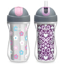 Chicco Insulated Straw Sippy Cup 12+ Months, 9oz Toddler Training Cup with Spill-Free Flip-Top Lid, BPA-Free 2-Pack, Floral/Purple Print