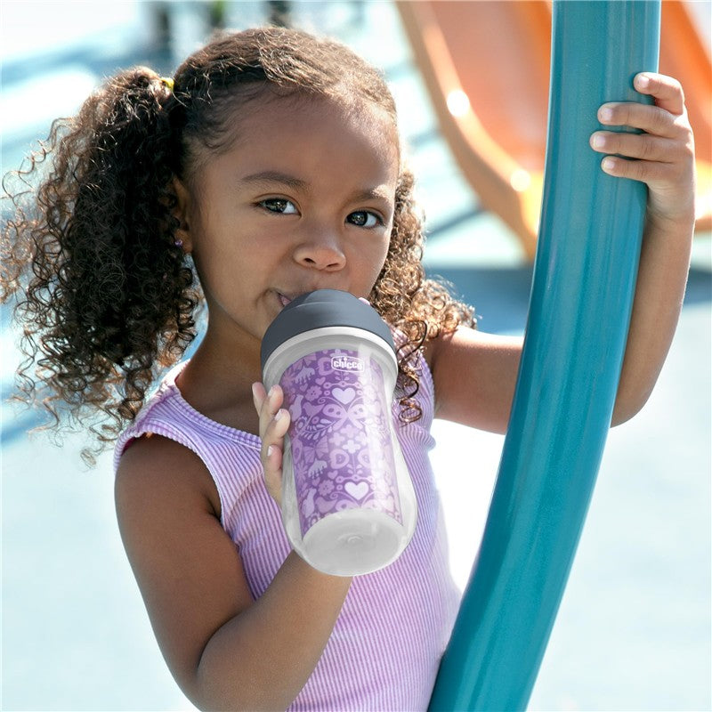 Chicco Insulated Straw Sippy Cup 12+ Months, 9oz Toddler Training Cup with Spill-Free Flip-Top Lid, BPA-Free 2-Pack, Floral/Purple Print
