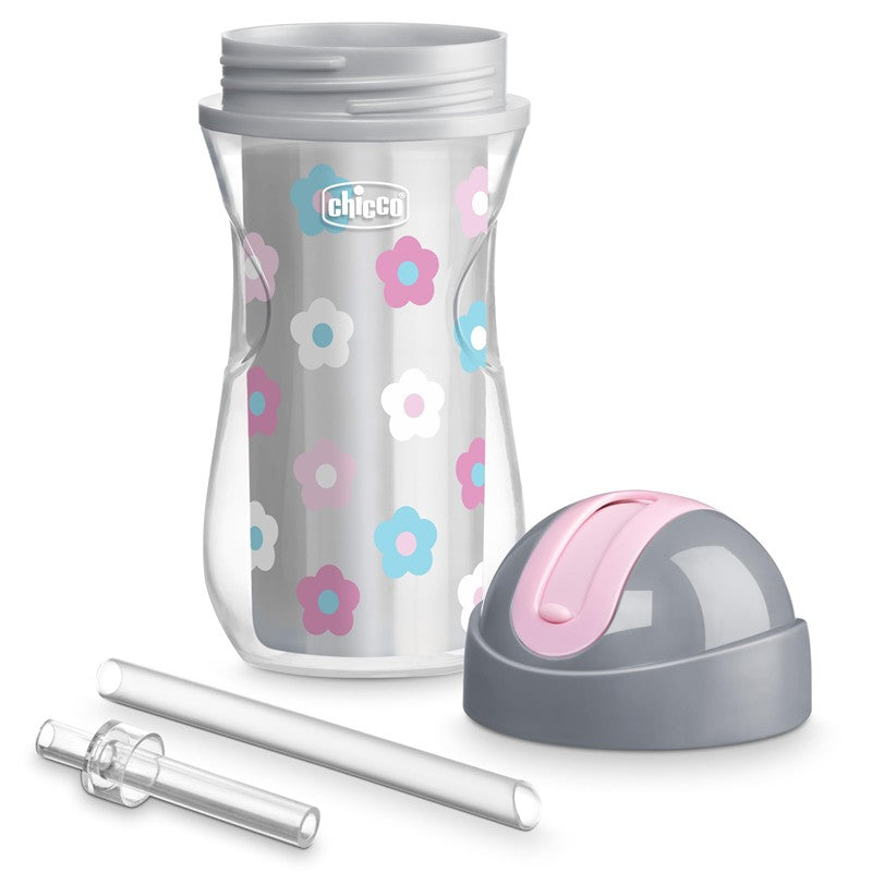 Chicco Insulated Straw Sippy Cup 12+ Months, 9oz Toddler Training Cup with Spill-Free Flip-Top Lid, BPA-Free 2-Pack, Floral/Purple Print