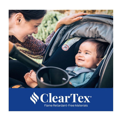 Chicco Keyfit Max Zip Cleartex Infant Car Seat in Sierra with a smiling baby and a caregiver interacting, featuring ClearTex branding.