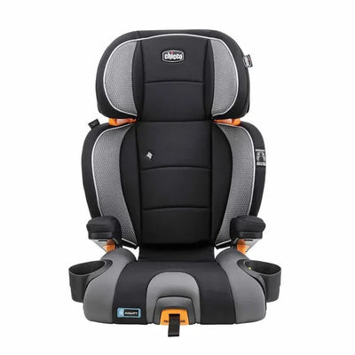 Chicco KidFit Adapt Plus 2-in-1 Belt Positioning Booster Car Seat in Ember color, featuring a sleek black and gray design with adjustable headrest and cup holders.