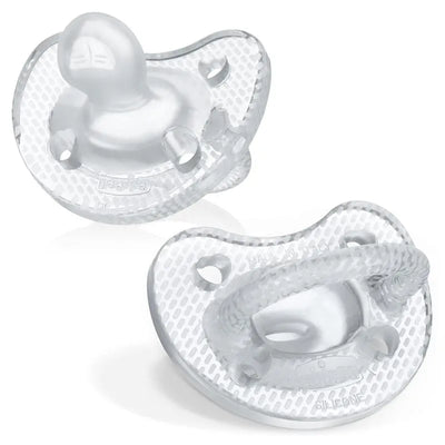 Chicco Physioforma Luxe Pacifier 6-16M, crystal clear with a textured shield and silicone nipple design.