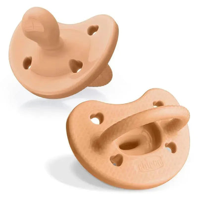 Silicone pacifier for babies aged 6-16 months, featuring a cantaloupe color and rounded design with ventilation holes.
