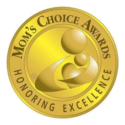Mom’s Choice Awards gold seal, featuring a stylized image of a parent and child, honoring excellence in baby products.