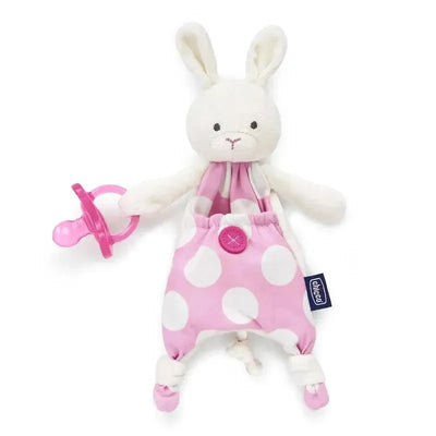 Chicco Pocket Buddy in pink, featuring a white rabbit plush with floppy ears and polka dot outfit, holding a pink pacifier.