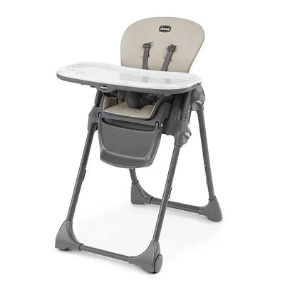 Chicco Polly Space-Saving Fold Highchair in taupe with a white removable tray and safety harness.