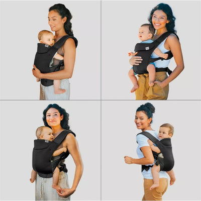 Chicco Snugsupport 4-In-1 Infant Carrier in black, shown in four positions with a woman carrying a baby.